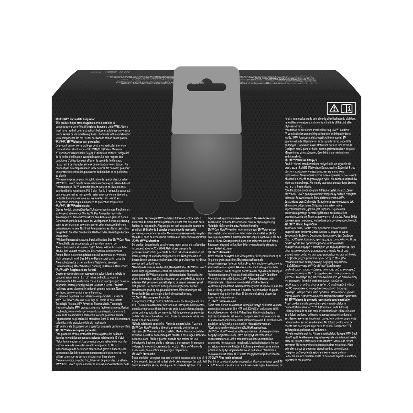 Die Abbildung zeigt die Rückseite einer 3M™ Aura™ Comfort Cool Flow™ Partikelmaske 9322+ FFP2 mit Ventilbox der 3M Deutschland GmbH. Die schwarze Schachtel hat eine graue Aufhängelasche, weißen mehrsprachigen Text in Spalten und zwei Symbole in der rechten oberen Ecke.