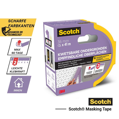 Scotch® Malerabdeckband für empfindliche Oberflächen, 36 mm x 41 m, 1 Rolle/Packung von 3M Deutschland GmbH: scharfe Farbkannten, leichter Kleber, rückstandsfrei entfernbar-ideal für Innenbereiche. 100% PEFC zertifiziert. Niederländisch/Deutsche Verpackung.
