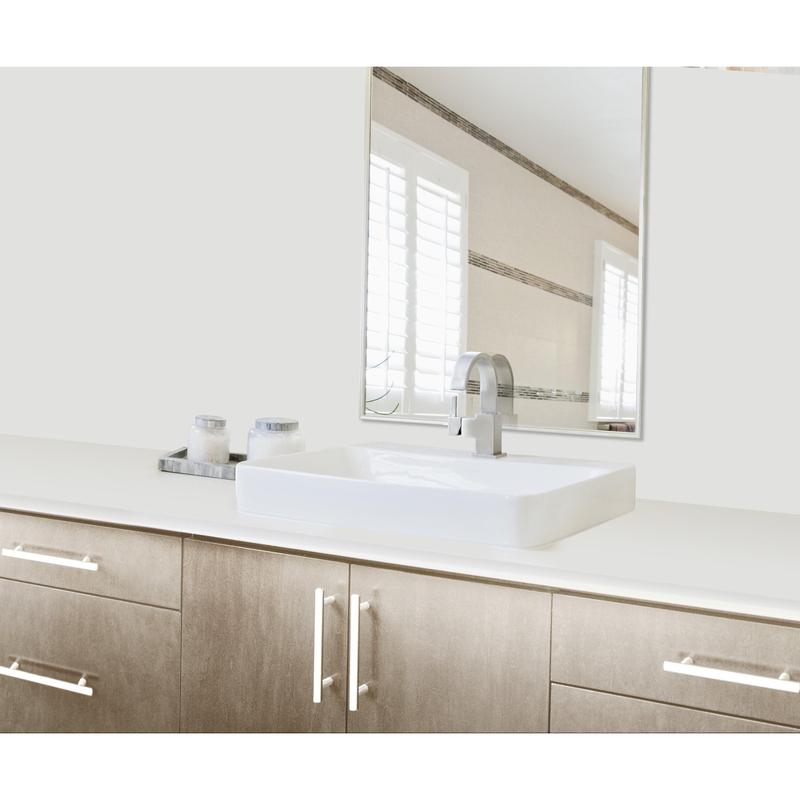 A modern washstand with light wood cabinets, a white rectangular sink, and a large mirror. The mirror can be securely mounted with the 3M Deutschland GmbH Scotch-FIX™ Mirror Mounting Tape 4496W.