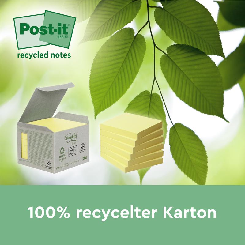 A pack of Post-it® Recycling Z-Notes, Yellow (76x76 mm, 100 sheets/block, 6 blocks), from 3M Deutschland GmbH, is displayed on green sheets with the text "100% recycled cardboard." The notes are eco-friendly and PEFC certified.