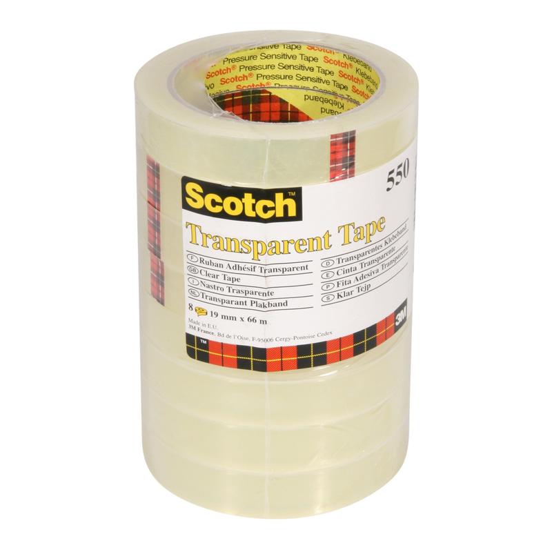 A pack of 8 rolls of 3M Deutschland GmbH Scotch® Transparent Tape 550 measuring 19 mm x 66 m is delivered in a clear plastic package with a yellow label, black text, and a red-yellow-black checkered border.