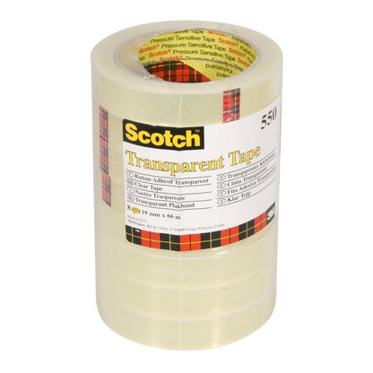 A pack of 8 rolls of 3M Deutschland GmbH Scotch® Transparent Tape 550 measuring 19 mm x 66 m is delivered in a clear plastic package with a yellow label, black text, and a red-yellow-black checkered border.