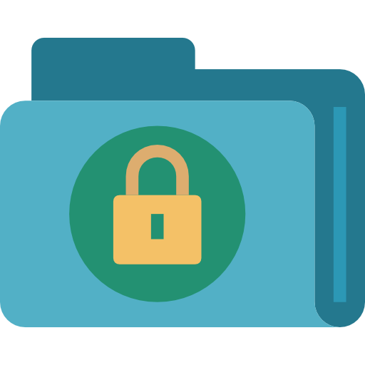 Symbol eines blauen Ordners mit einem grünen Kreis in der Mitte, der ein goldenes Vorhängeschlosssymbol enthält. Dies steht für Sicherheit oder Schutz von Dateien und Dokumenten.