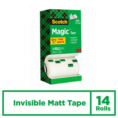 Das Vorteilspack enthält 14 Rollen Scotch® Magic™ Unsichtbares Klebeband (19 mm x 33 m) von 3M Deutschland GmbH in einer grünen Box mit Tartanmuster und dem Hinweis "Invisible Matt Tape" sowie "14 Rolls".