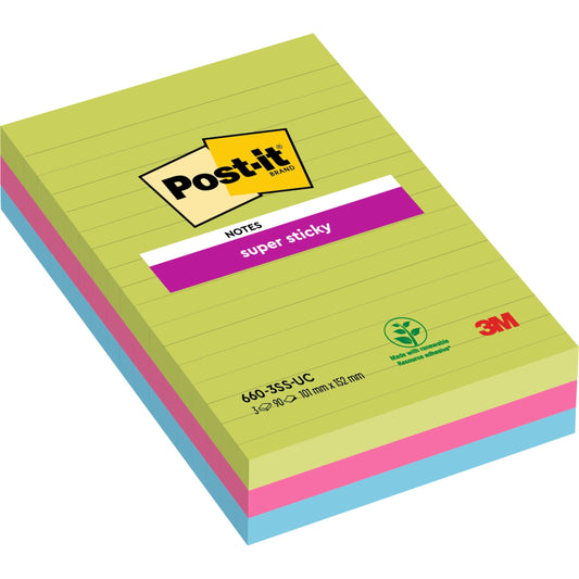 Eine Packung Post-it® Super Sticky Notes im Großformat von 3M Deutschland GmbH, liniert, in verschiedenen Farben (101 mm x 152 mm, 90 Blatt/Block, 3 Blöcke), mit 100% PEFC-Zertifizierung (SGSCH-PEFC-COC-110078).