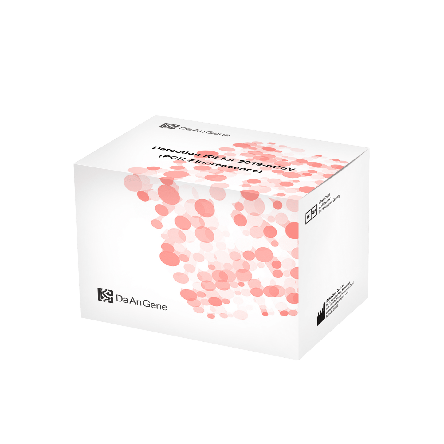 On a green background, there is a white packaging box for the "Detection Set (PCR-Fluorescence) DaAn Gene Diagnostics Kit for 2019-ncov" with 96 tests, adorned with the inscription "Altruan".