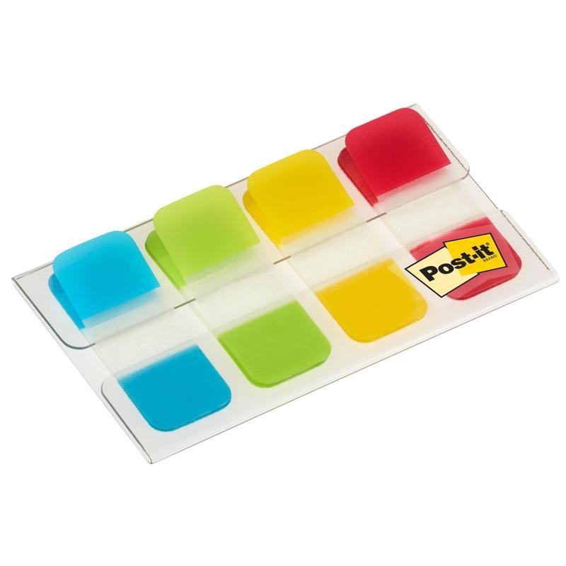 A pack of Post-it® Index Strong Filing Tabs, Mini (Yellow, Red, Blue, Green), 15.8 mm x 38.1 mm, 40 sticky tabs/dispenser from 3M Deutschland GmbH - ideal for organizing documents.