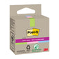 Ein Paket Post-it® Super Sticky 100% Recycling Notes (47,6x47,6 mm, 70 Blatt/Block, 100% PEFC) von 3M Deutschland GmbH in brauner Box mit Recycling-Symbolen und bunten Akzenten - umweltfreundliche Haftnotizen.