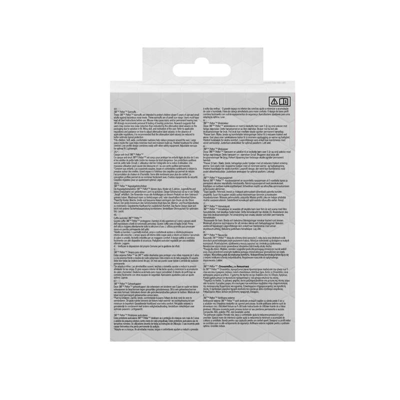 The image shows the back of a 3M™ PELTOR™ earmuff for children packaging by 3M Deutschland GmbH with multilingual printed text sections containing instructions, safety warnings, and product information.