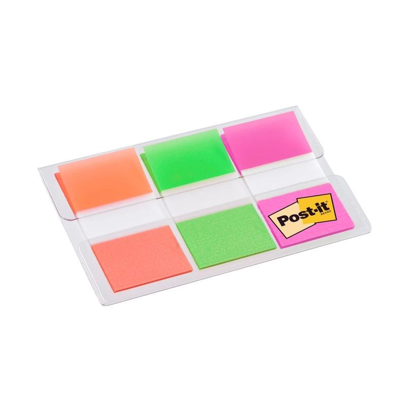 A transparent plastic dispenser from 3M Deutschland GmbH holds 60 Post-it® Index sticky notes (25.4 x 43.2 mm) in the colors orange, pink, and green for marking documents; the Post-it logo is visible on one side.