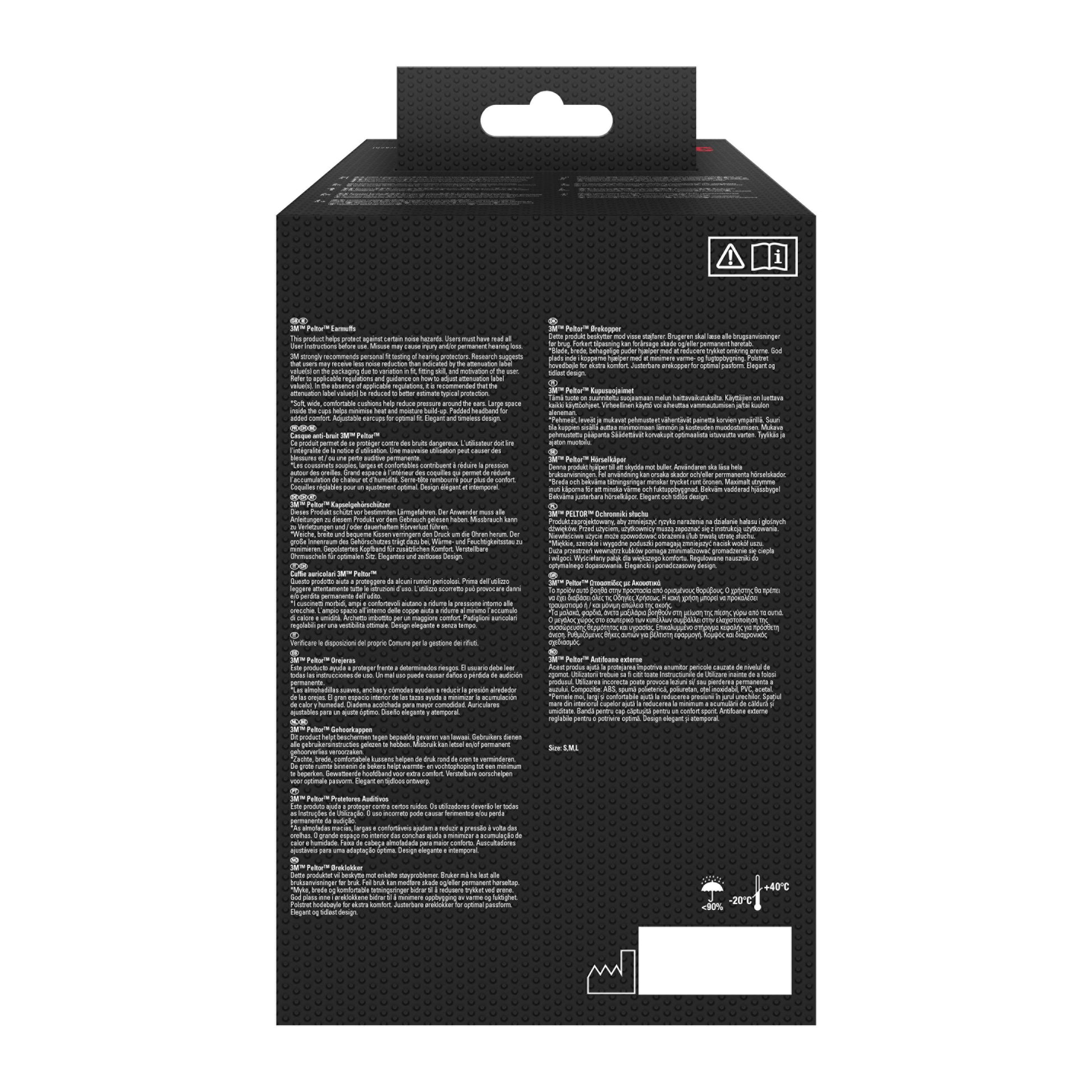 Das Bild zeigt die Rückseite einer rechteckigen grünen 3M™ PELTOR™ Optime™ II Kapselgehörschutz H520A Box der 3M Deutschland GmbH mit mehrsprachigem Text, Sicherheitssymbolen, SNR-Wert 31 dB, Barcode-Feld sowie Symbolen für Recycling und Temperaturgrenzen.