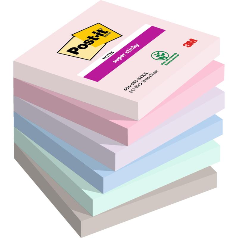 A stack of 3M Deutschland GmbH Post-it® Super Sticky Notes, 76x76 mm, 90 sheets per block, in various pastel colors, with PEFC logo and recycling content information on the top.