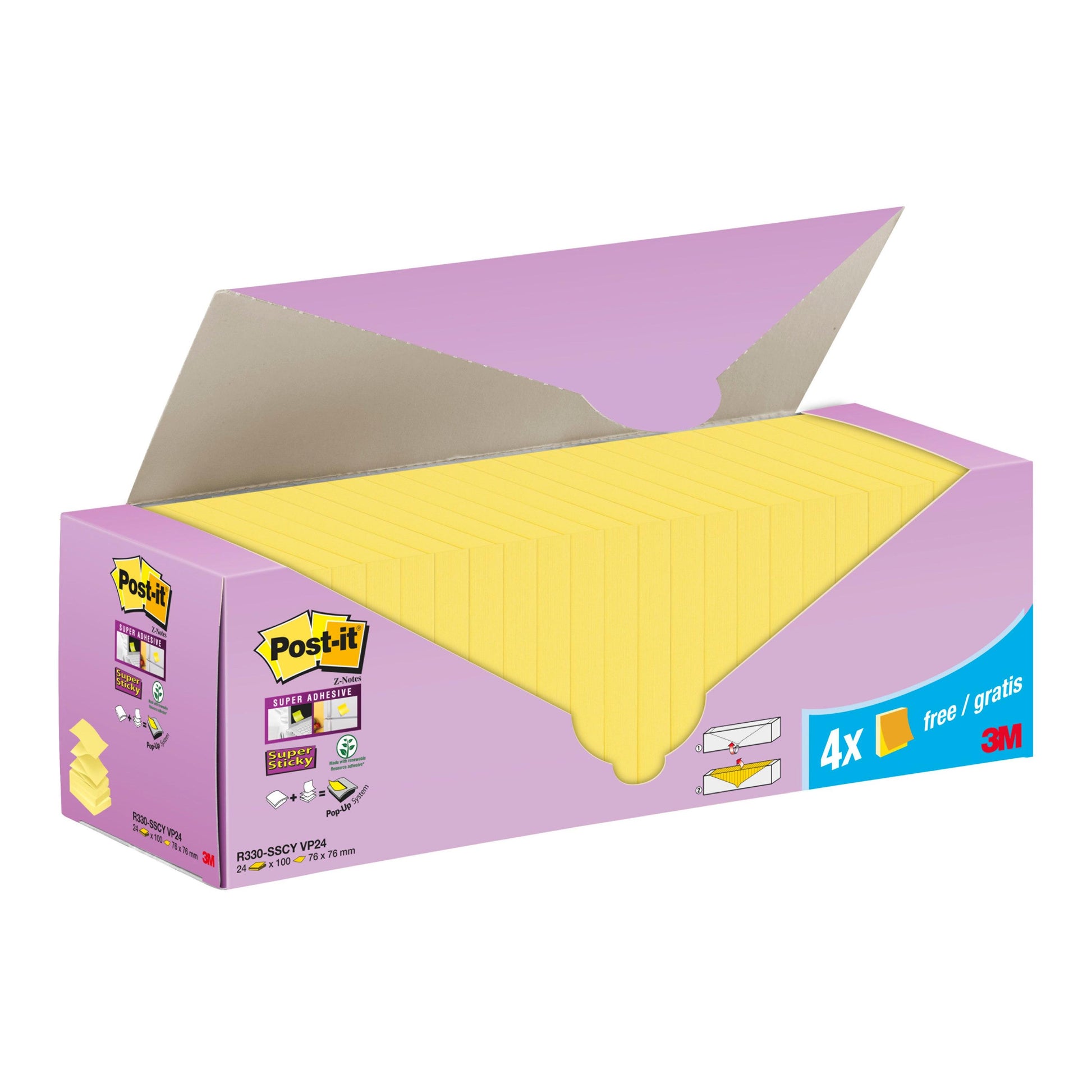 Eine lila Schachtel Post-it® Super Sticky Z-Notes, Gelb, 76x76mm, zeigt gestapelte Zettel im Inneren. Der Karton enthält 20 Blöcke + 4 freie (90 Blatt/Block), ist PEFC-zertifiziert (SGSCH-PEFC-COC-110078) und trägt das 3M-Logo.