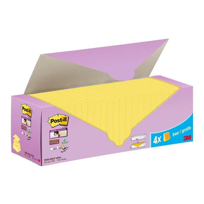 A box of 3M Post-it® Super Sticky Z-Notes in yellow (76 x 76 mm) with purple cardboard packaging bears the inscription "20 pads + 4 free/pack" and contains 90 sheets/pad, made from 100% PEFC-certified paper.