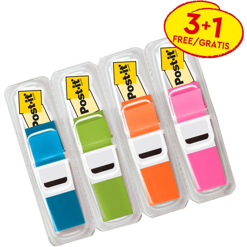 Four packs of 3M Post-it® Index Tabs Mini (11.9 x 43.2 mm, translucent colors) are shown in plastic sleeves with a "3+1 FREE" label in yellow and red. Each pack contains 35 strips per dispenser, 3 dispensers +1 free.