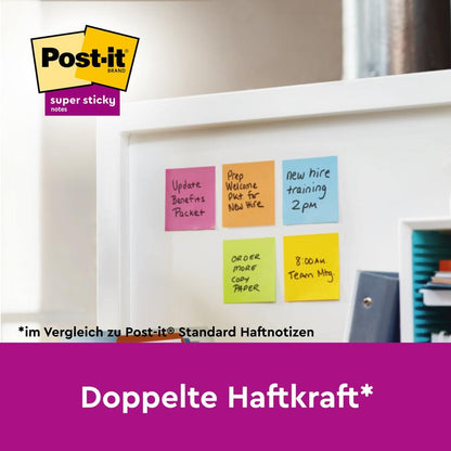 On a board are six colorful 3M Deutschland GmbH Post-it® Super Sticky Notes (76 mm x 76 mm, 90 sheets/block) with handwritten notes, next to a shelf with folders. "Double the sticking power*" is emblazoned on the packaging.