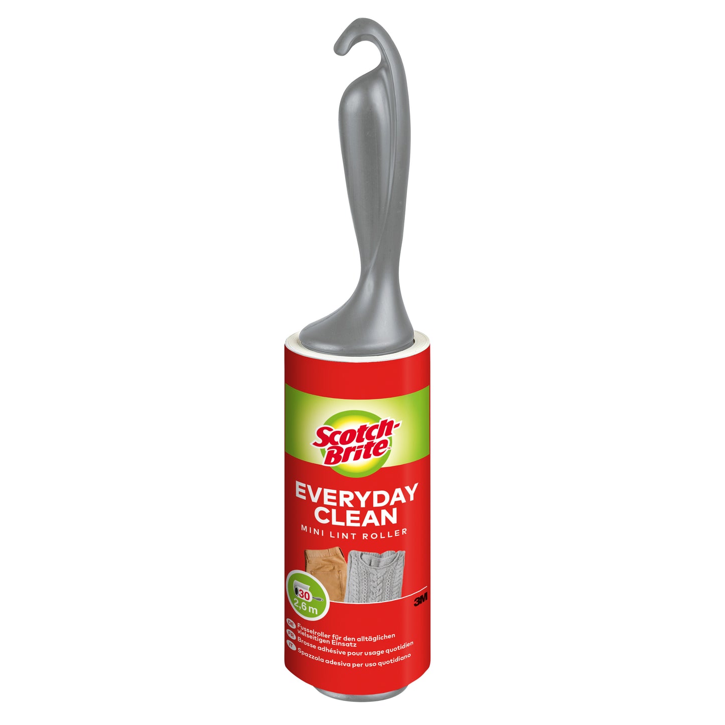 Der Scotch-Brite™ Everyday Clean Mini-Fusselroller von 3M Deutschland GmbH mit farbigem Griff (30 Blatt, 1/Packung) entfernt mühelos Fusseln von verschiedenen Stoffen und zeigt Details sowie Anwendungshinweise auf dem Etikett.