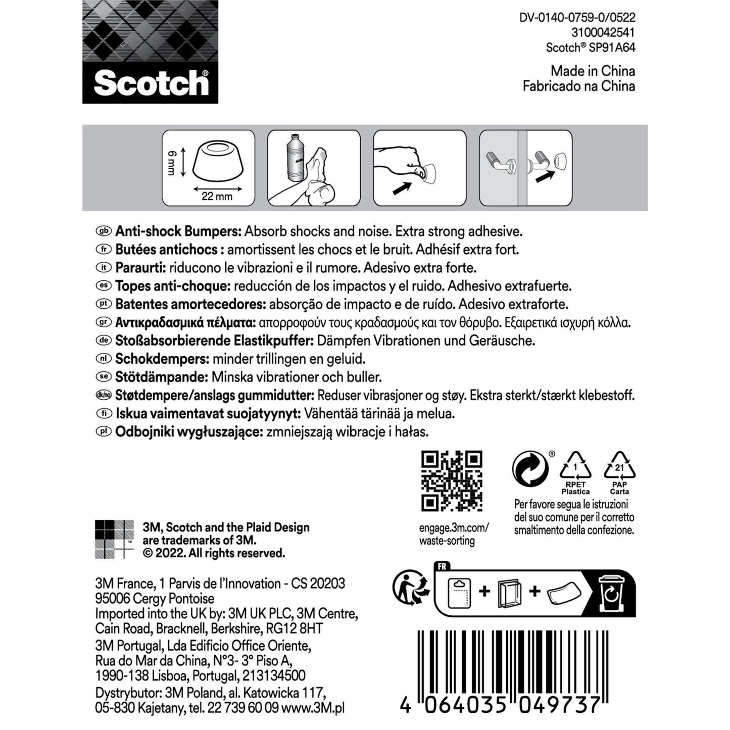 Die Verpackung des Scotch® Stoßabsorbierenden Elastikpuffers für Wände SP91A64 der 3M Deutschland GmbH zeigt Anwendungsbilder, Sicherheitssymbole, mehrsprachige Hinweise, das Markenlogo, den Barcode und ausführliche Firmeninformationen.