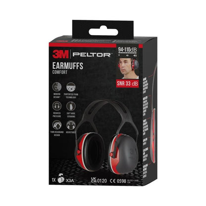 Black and red 3M™ PELTOR™ Comfort Earmuffs from 3M Deutschland GmbH in packaging, with photo, SNR 33 dB, comfort features, user image, and model X3A on the carton.
