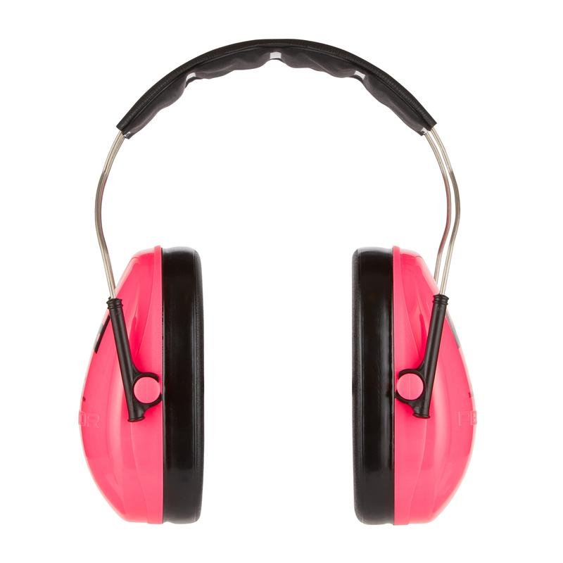 The 3M™ PELTOR™ earmuff for children from 3M Deutschland GmbH is shown from the front in pink and black, with over-ear protection and a padded, adjustable headband on a white background.