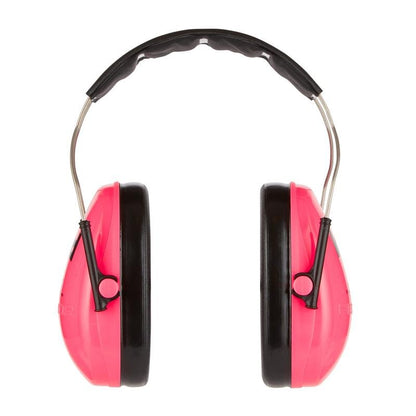The 3M™ PELTOR™ earmuff for children from 3M Deutschland GmbH is shown from the front in pink and black, with over-ear protection and a padded, adjustable headband on a white background.