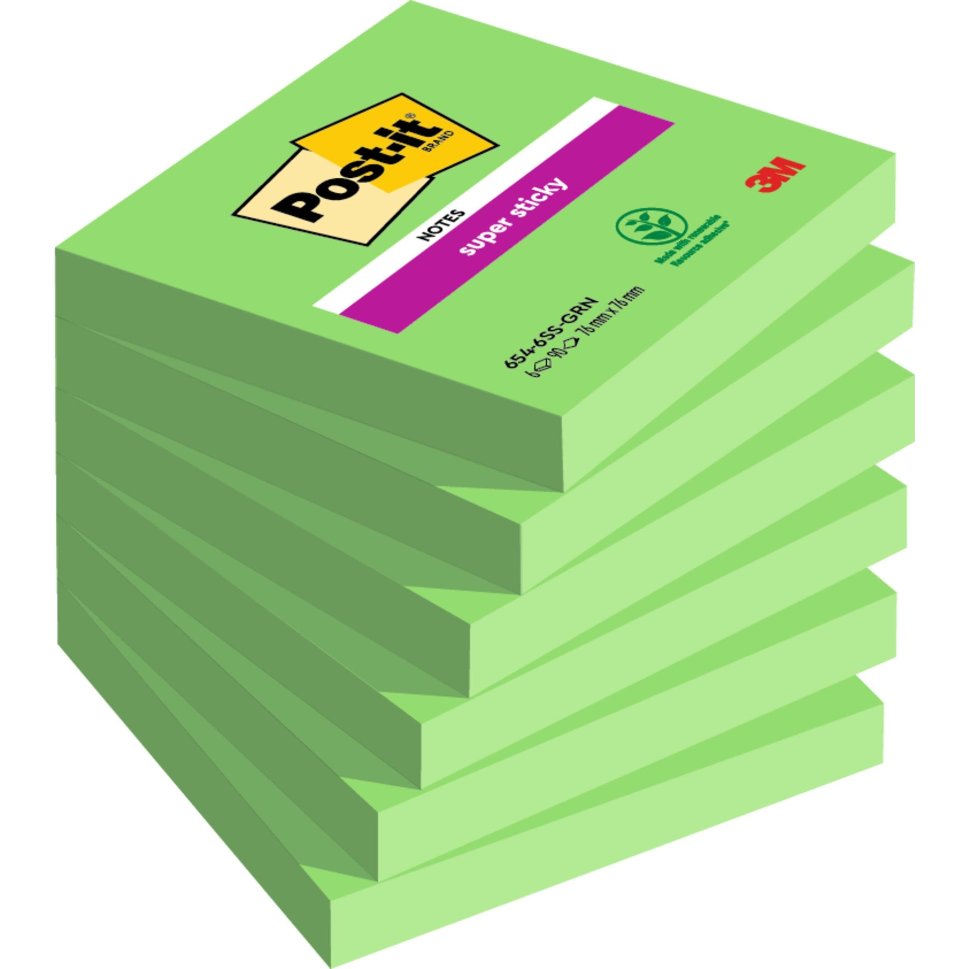 Ein Stapel Post-it® Super Sticky Notes (76 mm x 76 mm, 90 Blatt/Block, 100% PEFC) von 3M Deutschland GmbH, schräg angeordnet, mit dem Etikett des obersten Blocks nach oben.