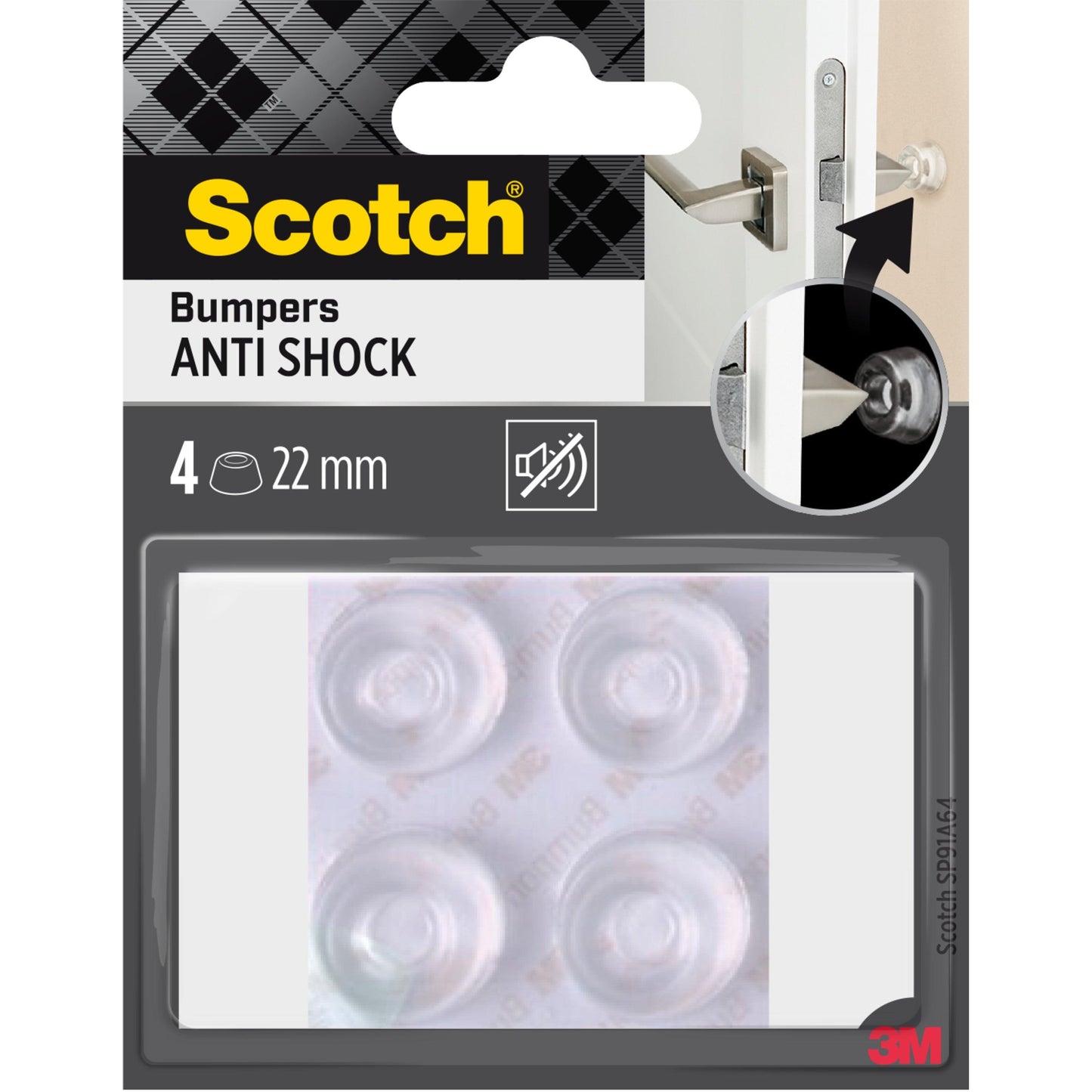 Eine Packung mit 4 Scotch® Stoßabsorbierende Elastikpuffer für Wände SP91A64 (22 mm, selbsthaftend, transparent) von 3M Deutschland GmbH - ideal für den Wandschutz und Stoßschutz. Verpackung mit Gebrauchsanweisung und 3M-Logo.