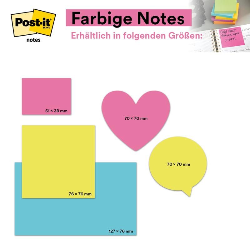 An image shows the Post-it® Notes, Poptimistic Collection by 3M Deutschland GmbH: colorful 38 x 51 mm sticky notes (100 sheets/block, 12 blocks/package, cardboard packaging, 100% PEFC, SGSCH-PEFC-COC-110078) in various shapes and colors.