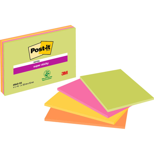 Eine Packung 3M Post-it® Super Sticky Meeting Notes, 4 Blöcke in verschiedenen Neonfarben (203 mm x 152 mm, je 45 Blatt), ist fächerförmig dargestellt. Die Verpackung zeigt das PEFC-Label und -Logo; Produkt: SGSCH-PEFC-COC-110078.