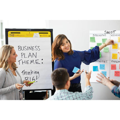 A woman gestures at a SWOT analysis on a whiteboard while her colleagues watch. Another stands next to a flipchart with the inscription "Business Plan Theme: Thinking Big!" All use 3M Post-it® Notes (76x76 mm, yellow, 6 blocks/pack).