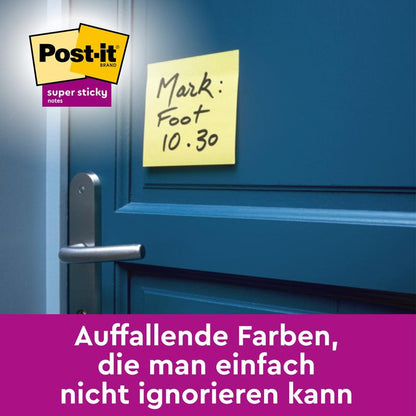 A 3M Deutschland GmbH Post-it® Super Sticky Z-Notes, Yellow (76 x 127 mm), with the handwritten note "Mark: Foot 10.30", sticks to a blue door handle; top left is the Post-it logo, below German text on a purple background.