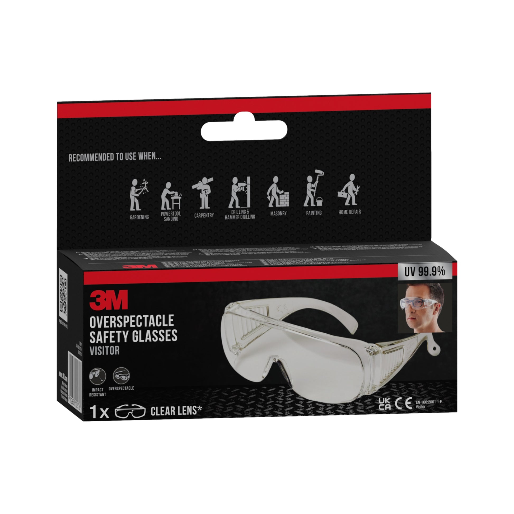 Eine Schachtel mit 3M™ Visitor Überbrille, Klarsichtscheibe von 3M Deutschland GmbH. Die Verpackung zeigt klare Schutzbrillen, Anwendungstipps für Gartenarbeit/Malerei, ein Foto eines Trägers und hebt den 99,9%igen UV-Schutz hervor.