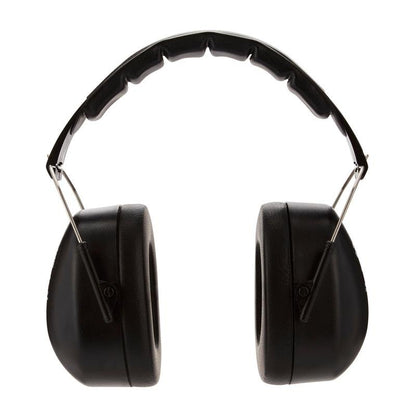 The 3M™ capsule hearing protector with foldable headband 90563E from 3M Deutschland GmbH (Black, SNR value 30 dB) offers reliable hearing protection. A pair with padded ear cups is shown against a white background. Package: 1 piece.