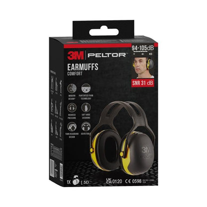 Box with 3M™ PELTOR™ Comfort Earmuffs from 3M Deutschland GmbH for comfort and noise reduction. The black packaging shows yellow and black earmuffs, product specifications, and a photo of a user wearing them.