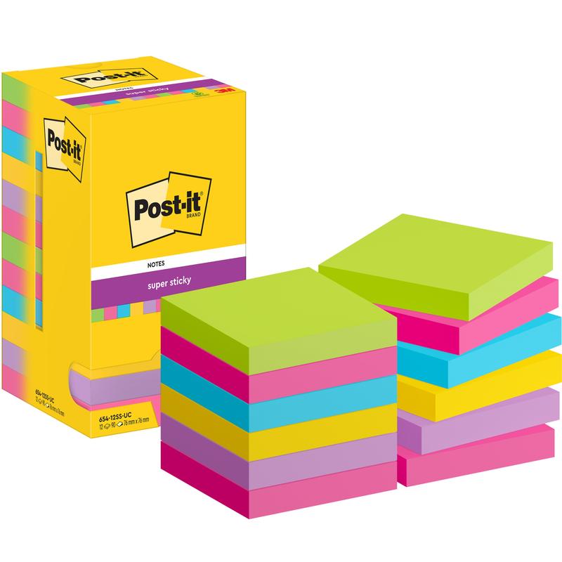 A box of Post-it® Super Sticky Notes (76 mm x 76 mm, 90 sheets/block) from 3M Deutschland GmbH with three stacks of assorted colorful notes - pink, yellow, green, and blue - arranged at the front.
