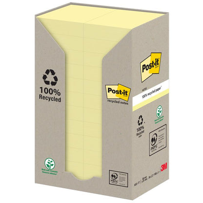 A cardboard dispenser holds a high stack of yellow Post-it® Recycling Notes (38 mm x 51 mm, 100 sheets, 100% PEFC). The box features recycling symbols and "100% recycled paper", with the 3M logo in the bottom right corner.