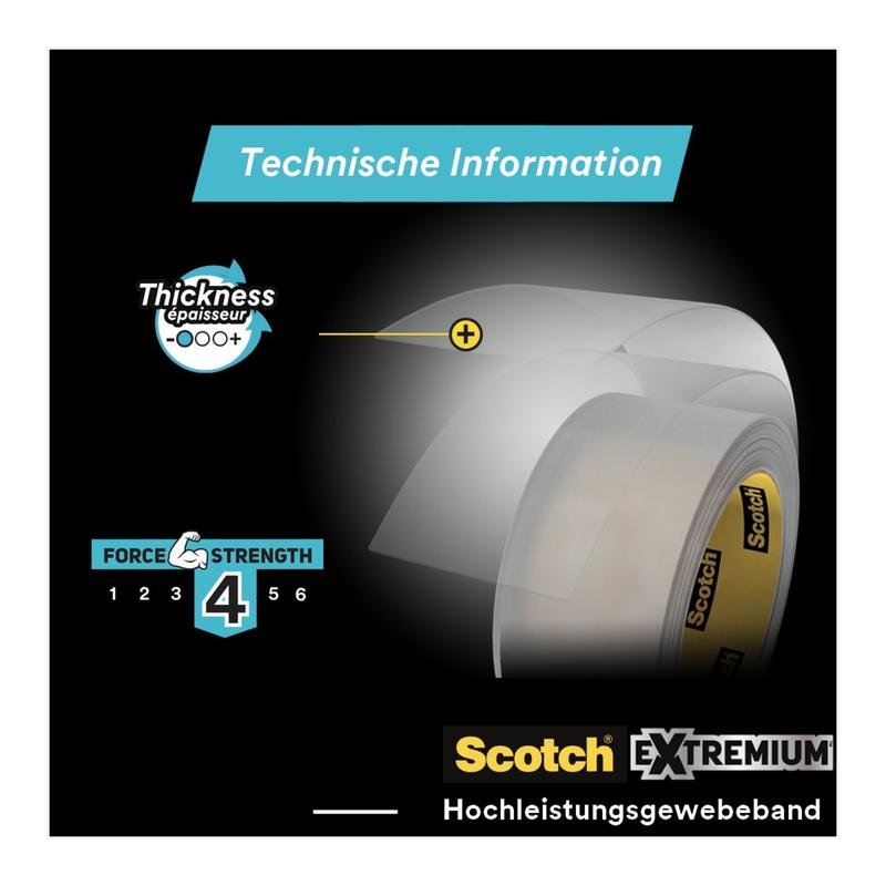 Pictured is a roll of Scotch® Extremium™ INVISIBLE High-Performance Tape (20 m x 48 mm, 1 roll) from 3M Deutschland GmbH with a diagram highlighting the thickness (4/6) and "Technical Information" at the top edge.