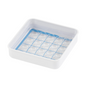 The melipul cup tray 20x1-26 from Helmut Schwarz GmbH is a white, square storage container made of plastic with a transparent lid, specifically designed to hold 16 individual items in separate, top-visible compartments.