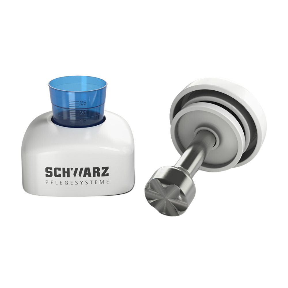 Image of a melipul tablet crusher PROFI by Helmut Schwarz GmbH, in height-adjustable white and metal design with a blue measuring cup, ideal for use in care facilities. The underside reads "SCHWARZ PFLEGESYSTEME". The second perspective shows the device lying horizontally with the applicator extended.