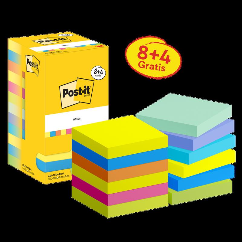 Post-it® Notes, Energetic Collection, 76mm x 76mm, Promotion, 90 Sheets/Pad, 8 Pads + 4 Free/Pack, Cardboard Packaging, 100% PEFC, SGSCH-PEFC-COC-110078 | Pack (12 pieces)