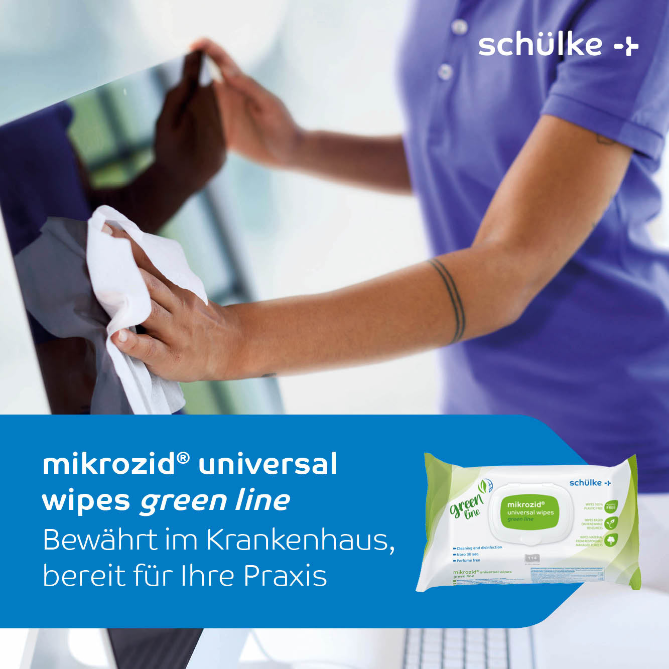 Ar an íomhá seo a dhéanann fógraíocht do “mhikrozid® universal wipes green line éadach díghalraithe” ón Schülke & Mayr GmbH, tá duine ag glanadh scáileán ríomhaire le héadach bán. Sa chéad phlean tá an pacáiste le 114 éadach le haghaidh díghalrú ospidéil agus díghalrú tapa le halcól íseal le feiceáil.