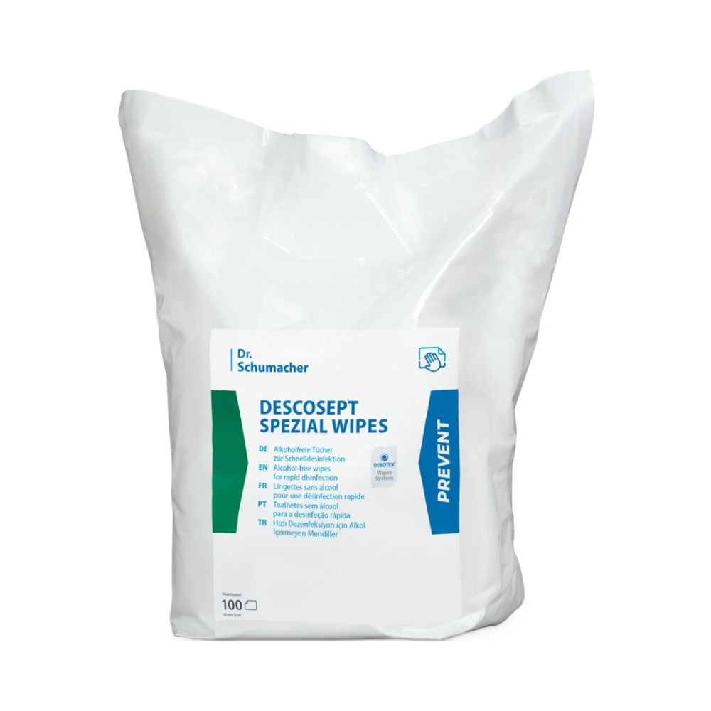 The DESCOSEPT SPEZIAL WIPES from Dr. Schumacher GmbH are delivered in a white-blue plastic packaging with 100 disinfection wipes and feature a multilingual manual indicating that these disinfection wipes are essential medical products for thorough cleanliness.