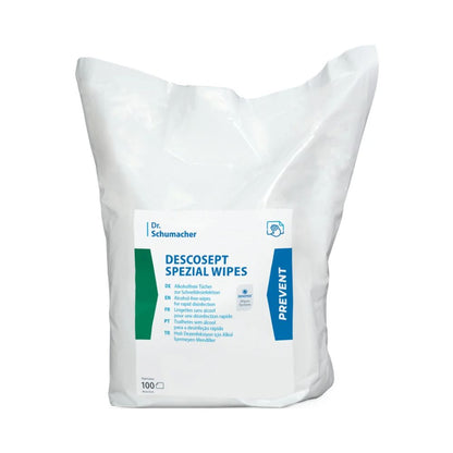 The DESCOSEPT SPEZIAL WIPES from Dr. Schumacher GmbH are delivered in a white-blue plastic packaging with 100 disinfection wipes and feature a multilingual manual indicating that these disinfection wipes are essential medical products for thorough cleanliness.