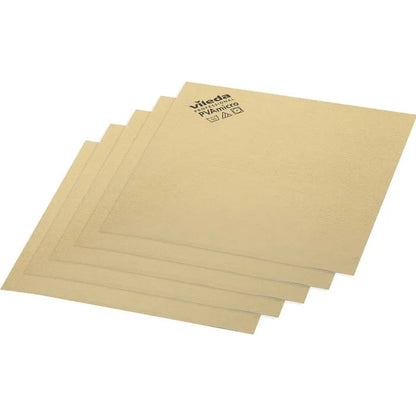 A set of four neatly stacked Vileda Professional PVAmicro microfiber cleaning cloths in beige, each with text in the upper corner and developed by Vileda GmbH for superior performance.