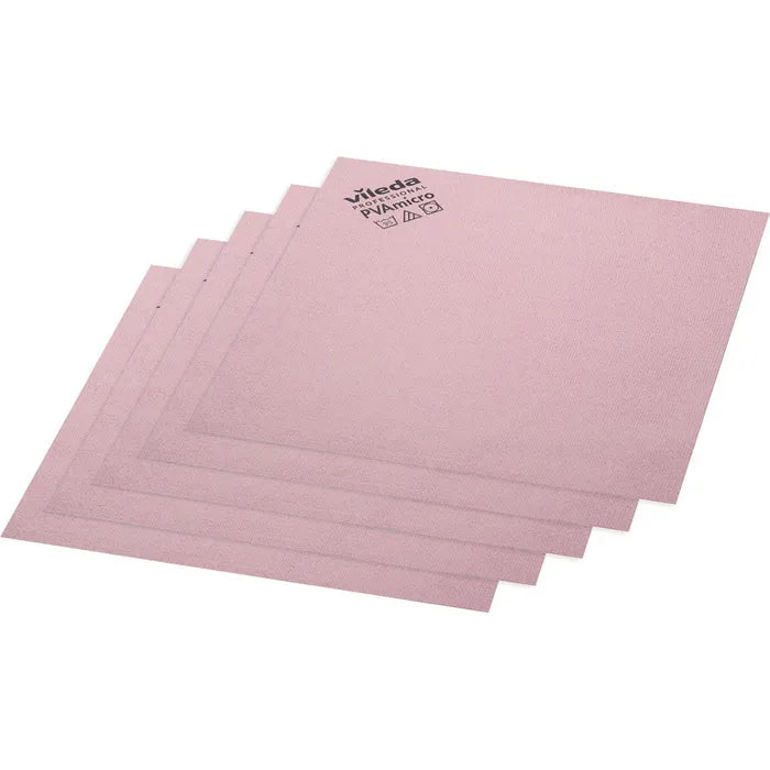 Five pink Vileda Professional PVAmicro microfiber cloths from Vileda GmbH are stacked offset. Each cloth has a textured surface and is printed with the Vileda Professional logo and product information in black in the upper left corner.