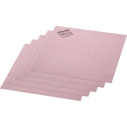 Five pink Vileda Professional PVAmicro microfiber cloths from Vileda GmbH are stacked offset. Each cloth has a textured surface and is printed with the Vileda Professional logo and product information in black in the upper left corner.