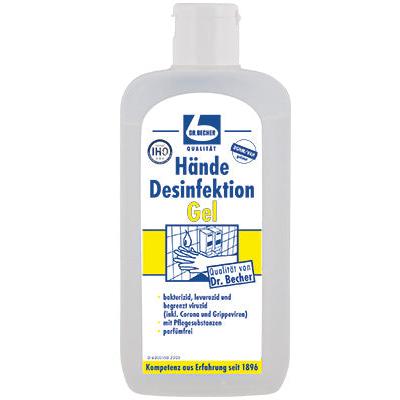 Dr. Becher Hand disinfection gel has a white flip-top cap, a blue-white label in German, and is a skin-friendly hand disinfectant gel that fights bacteria and viruses.