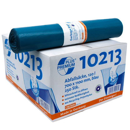 In a box labeled “DEISS Premium Plus® Type-60 Trash Bags 10213” with German specifications, there are climate-neutral blue trash bags made from recycled material. A roll of the bags is depicted at the top. The bags have a capacity of 120 liters, and the box contains 250 pieces. Manufactured by EMIL DEISS KG (GmbH + Co.) in Germany.