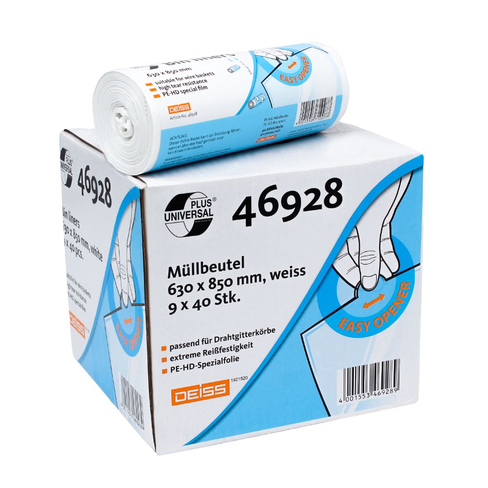 The product is a pack of DEISS Universal Plus® garbage bags 80 liters, 46928 from EMIL DEISS KG (GmbH + Co.), with a compact roll on top. The tear-resistant garbage bag with dimensions 630 x 850 mm contains 40 bags on 9 rolls and features the 'Easy Opener' function, making it ideal for wire waste bins.