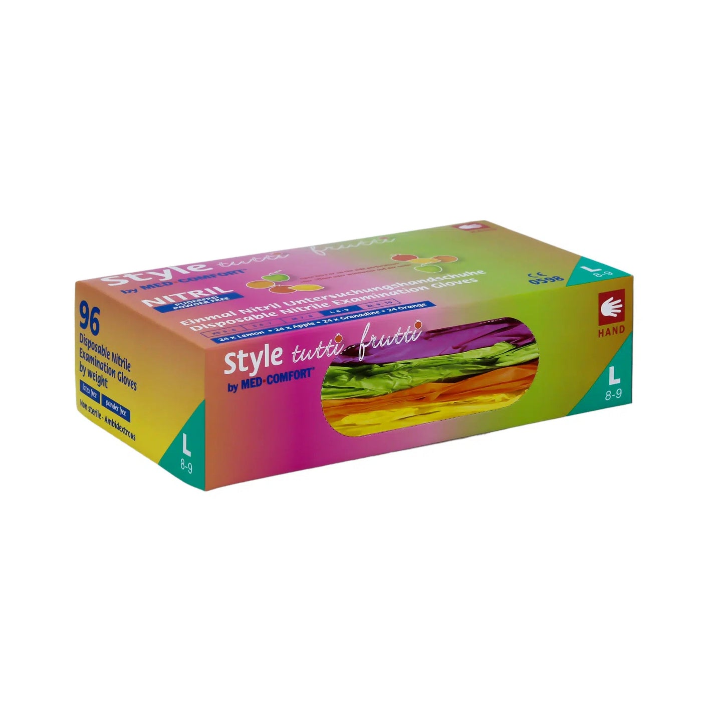 Bosca dronuilleogach le Lámhainní Nitrile Ildaite AMPri Med-Comfort ó AMPri Handelsgesellschaft mbH. Tá fuinneog shoiléir ar an mbosca il-daite trína bhfuil na lámhainní nitrile púdar-saor, frithsheasmhach in aghaidh ceimiceán le feiceáil. Tugann an lipéad le fios go bhfuil an méid L (8-9) ann agus tá 96 lámhainn ann.
